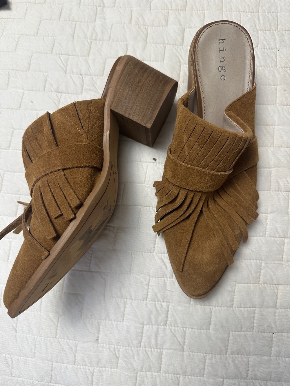 hinge Tan Suede Fringed Block Heel Mule